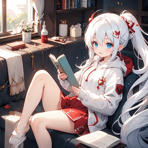 Red Dragon Girl，  double ponytail，White Lightweight Jacket，Magnificent Giaki ， Holding a book ，Dragon Horn，Dragon Wing，Dragon Girl with Dragon Characteristics