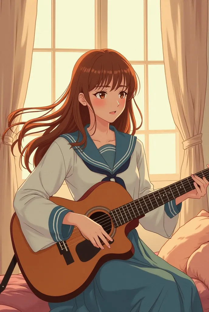 A girl with long brown hair is playing a guitar in a sailor suit with long sleeves and dark blue 90s anime illustration