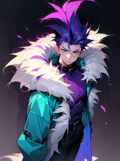 1male, Adult, Dark Purple Hair With Grey Colored Highlights, Two Toned Hair, Short Hair, Cyan Blue Eyes, Neon Purple Jacket, Night Time, Perfect Generation, Perfect Face, Standing On Path, Masculine, Fur Coat Collar, Spiked Hair