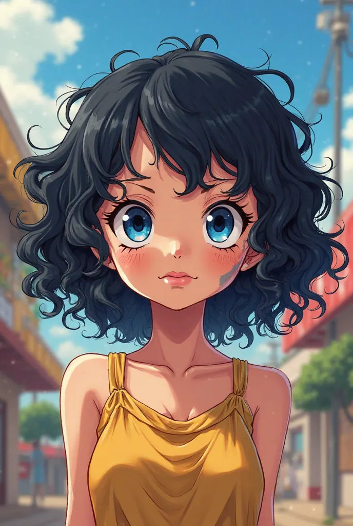 A female character in the cartoon style of the anime One Piece,  with curly hair , LONG AND BLACK, slanted and blue eyes, with freckles