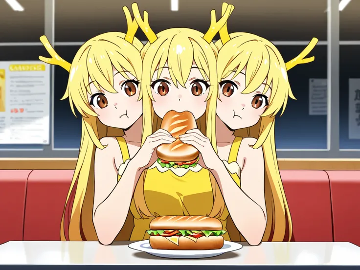 anime girl with three heads, long blond hair, brown eyes, yellow dragon girl costume, simple yellow dress, bare arms and shoulders, holding a sandwich with both hands, eating, sitting at a table, convention center eatery