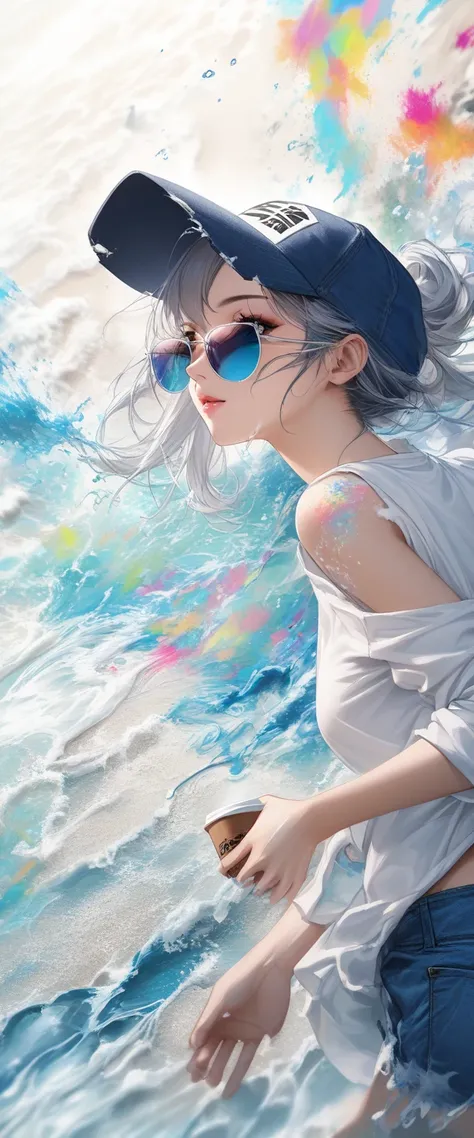  Oriental Beauty ， sideways，Looking over the shoulder， White Clear Realistic Paintings ， Colorful Water Splash Rendering ， Clear Facial Textures ，dark blue baseball cap worn backwards， loose white shirt， blue damaged denim shorts，sunglasses，White sand beac...