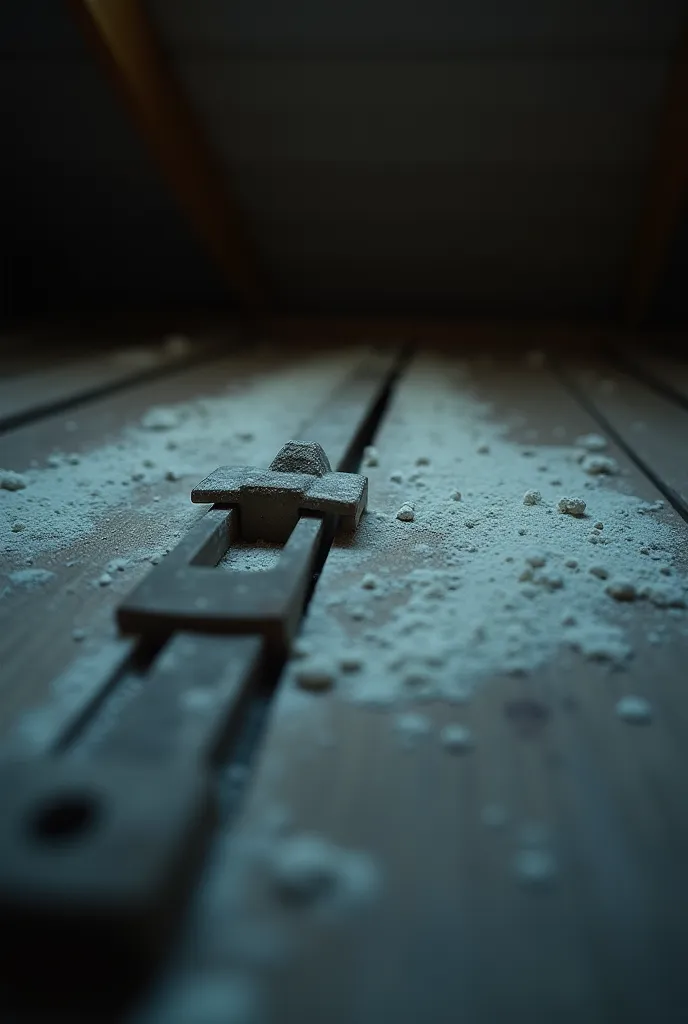 "A close-up shot of an attic latch on a ceiling. A thin layer of flour is spread across it. The scene is dimly lit, eerie, with a focus on small, subtle details—tiny smudges in the flour, suggesting recent movement."