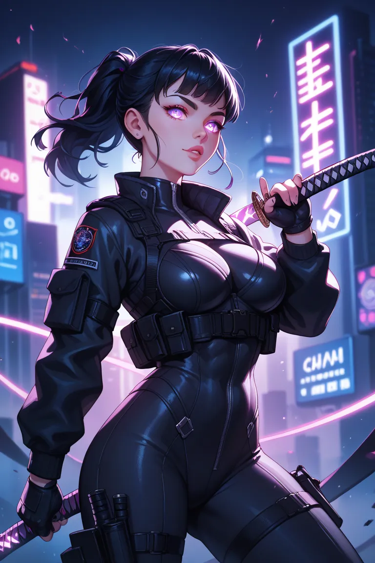 Illustrate a female protagonist in a sleek, black tactical suit, holding a katana in a dynamic pose. She has intense, glowing eyes and long flowing black hair. The background is a dark cityscape with neon purple lighting, adding a mysterious and futuristic...