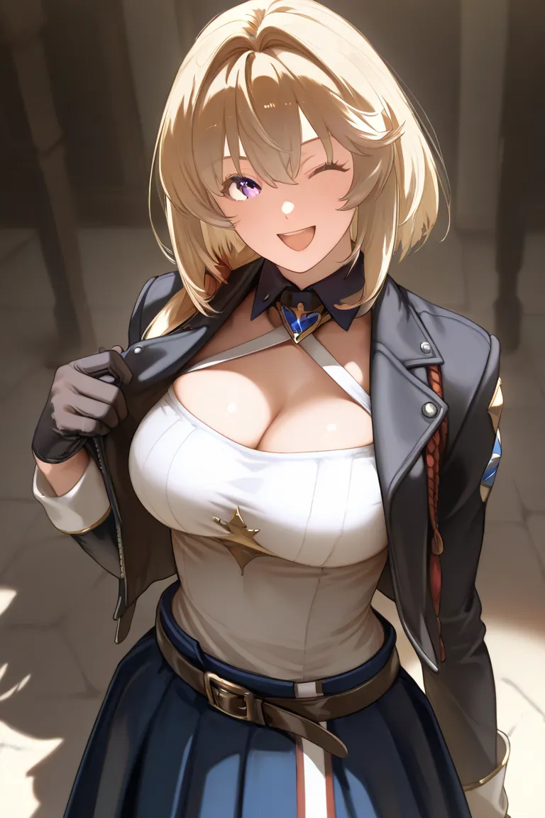 Masterpiece,la mejor caliDaD,1 girl, QuemaDura_white,  breasts, one_look like_cerraDo, Gloves, Alone , meDias altas, neckline, falDa,  jacket,  sin DeDos_Gloves, granDe_ breasts, negro_Gloves, negro_falDa, negro_ jacket,  smile, look likewear_en_head, thou...