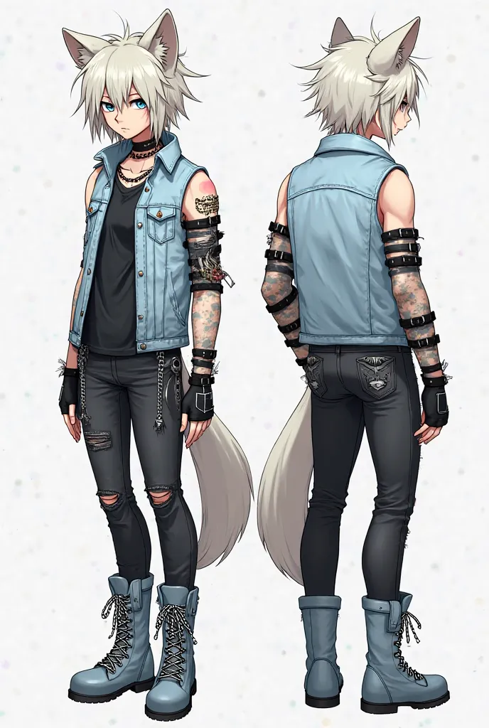 Here is a detailed description of the character based on the images:

Appearance

The character has an anthropomorphic appearance, with features that resemble a wolf or a fox.

Its fur is light, in an almost white or platinum blonde shade, and her eyes are...