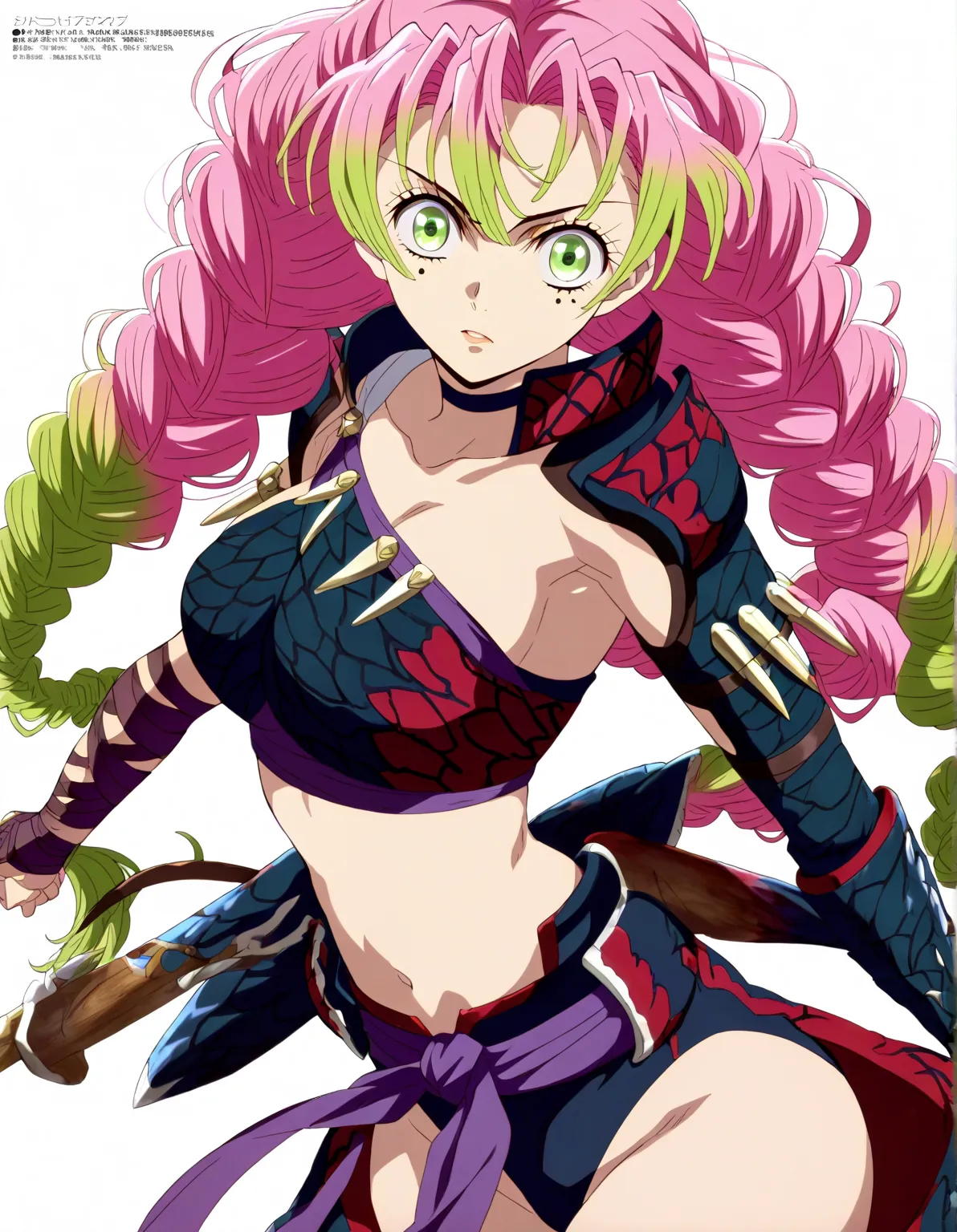 masterpiece, best quality, official art, 1girl, solo, kanroji mitsuri, pink hair, green hair, multicolored hair, long hair, tri braids, mole under eye, multiple moles green eyes, nargacuga beta armor, nargacuga girl,white background, simple background,perf...