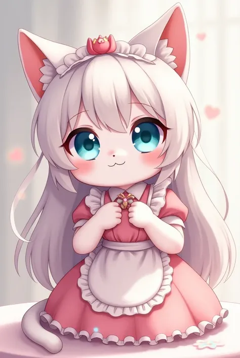 >furry cat with white hair, big pastel blue eyes, long hair with pastel pink bangs, with a maid-type dress but with something to do with sweets and preferably pastel pink, that is small and very adorable looking, tender and shy 