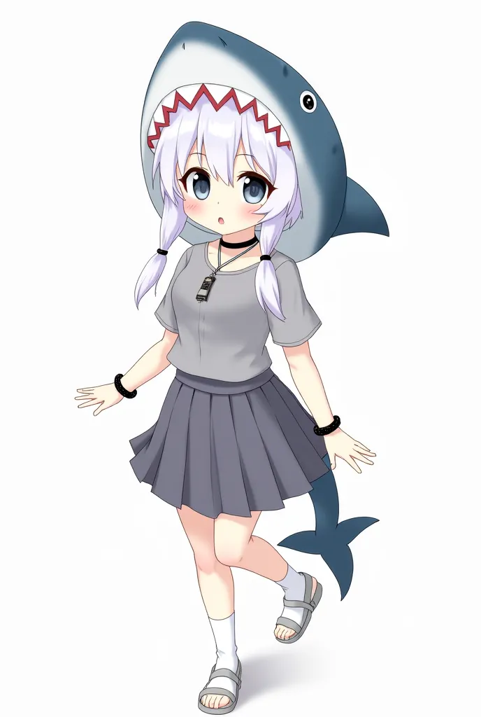 White anime girl with pigtails and white hair, gray eyes and lenses with black edges, gray school shirt and gray skirt with white heels, pulluous gray bracelets and necklace with black pulls and a gray shark hat and gray shark tail