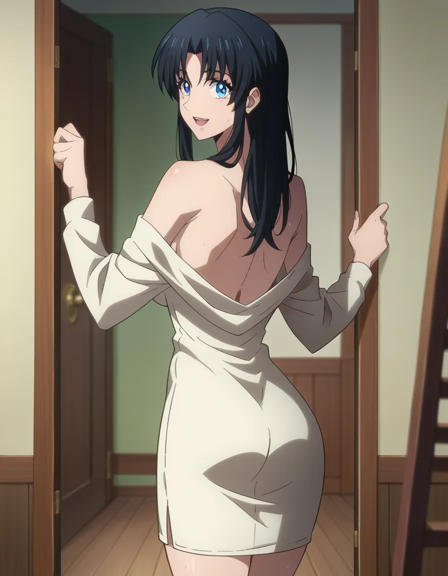 Kaoru Kamiya, wearing sexy open sweater, bare legs, bare back, bare shoulders, PonyXL, 1girl, black hair, blue eyes, long hair, hair down, best quality, masterpiece, ultra-detailed, high quality, 1girl, mature female, beautiful slim body, narrow waist, bea...