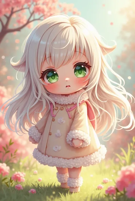 Chibi character  girl, long white hair, green eyes, fluffy clothes, kawaii gestures, highest image quality.