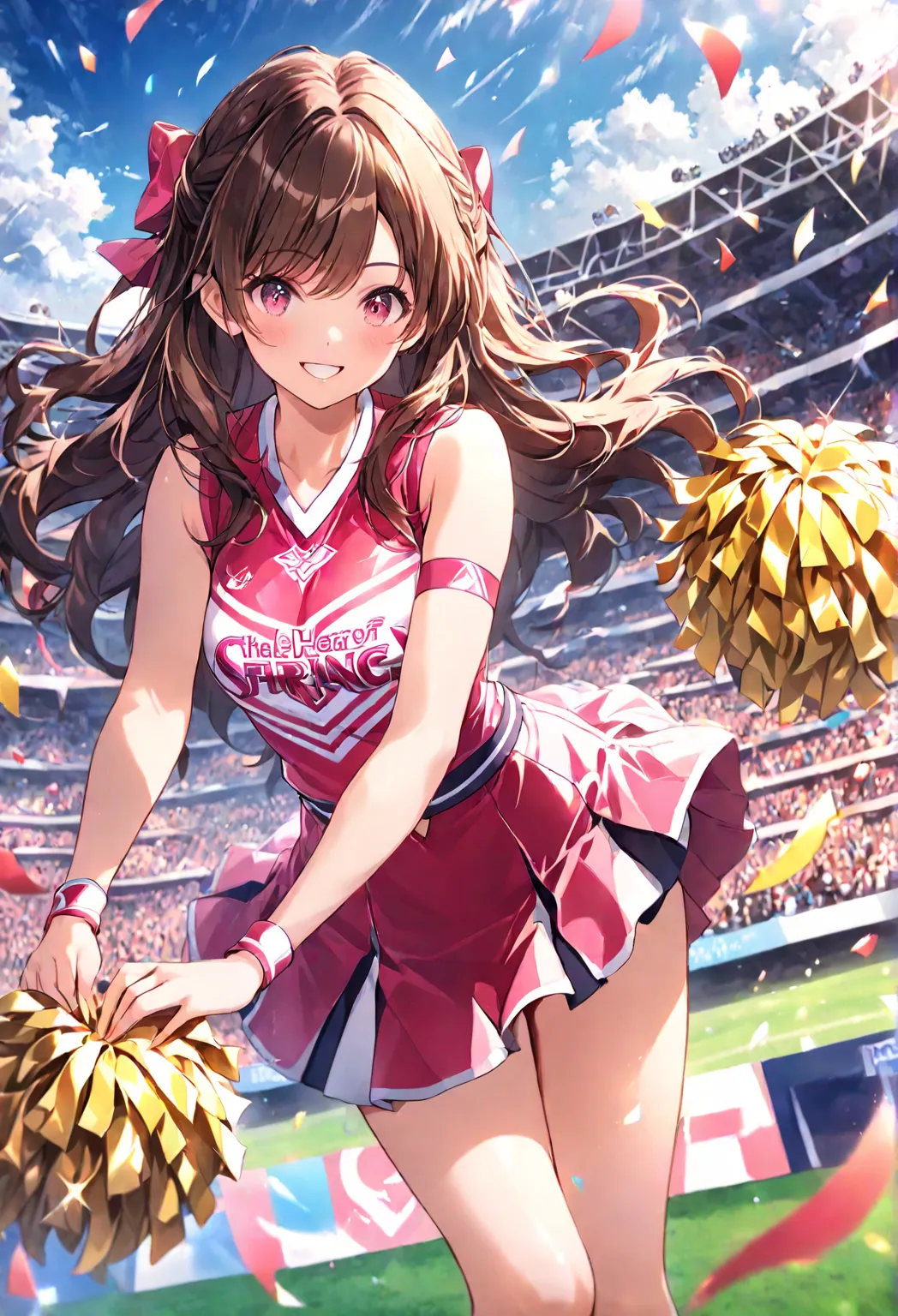 masterpiece, brown hair, one girl, A cheerleader stands tall in a lively stadium, her posture perfect as she executes an impressive Y-split balance. Her bright, energetic smile radiates confidence as she holds the pose mid-air, her legs forming a perfect '...