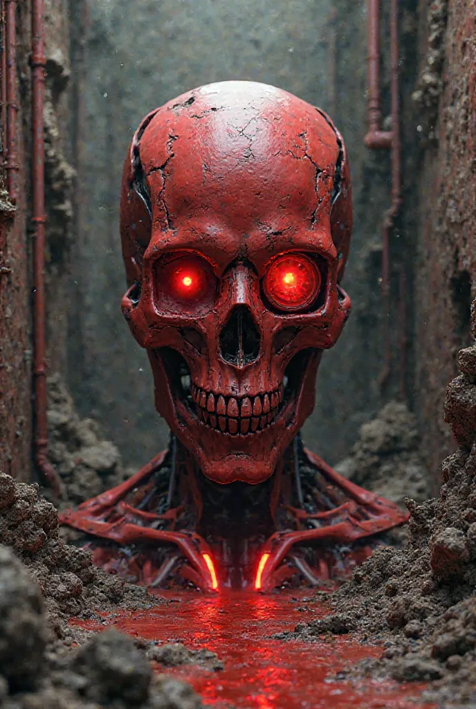 Artistic portrayal of a red robotic skull against a grunge backdrop with text 'AI kills', exploring themes of technology and dystopia.