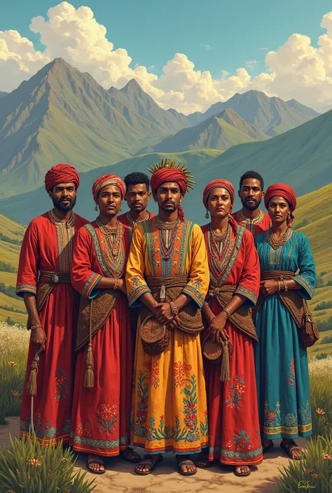 Seven Azerbaijani Africans living in the Caucasus , wearing national clothes that are characteristic of the Azerbaijani people