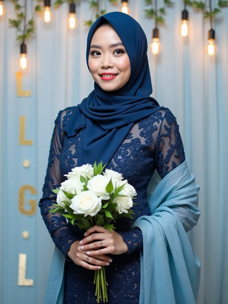 A woman wearing a hijab and a dark blue lace dress with a light blue, glittery shawl draped over her shoulder is holding a bouquet of white flowers with green leaves. The background features a light-colored curtain with hanging Edison-style light bulbs and...