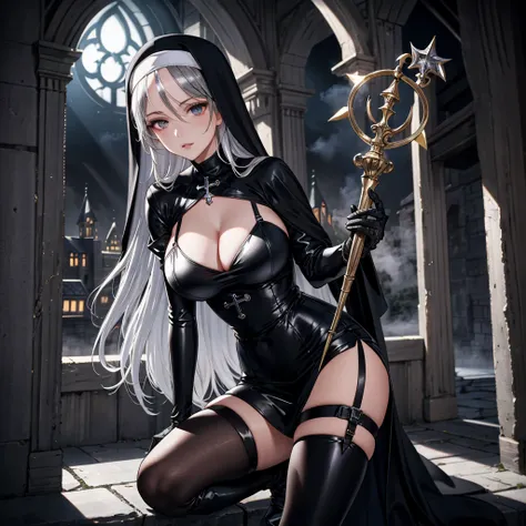  A high resolution ,  masterpiece pixiv , ((intricate details)), metal room, 1 girl,  of foot, Holds a wizard's staff,  seen from the front ,  tender look, detailed face, detailed eyes, silver eyes, sensual lips, black nun costume, ((black straps)). (black...