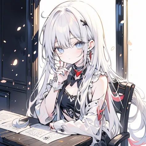 anime girl with long white hair, blue eyes and black dress sitting on a table, an anime drawing inspired by Wojciech Weiss, pixiv, gothic art, from girls frontline, anime girl wearing a black dress, girls frontline style, perfect white haired girl, fine de...