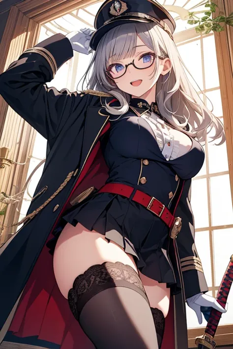 (from below:1.4, best quality ), girl , Platinum color hair military uniform , The dreamer wants purplish blue eyes ,(small breasts:1.0), Lori will do it, (masterpiece:1.2, best quality ), (Beautiful detailed depiction : 1.2), ( beautiful detailed face ), ...