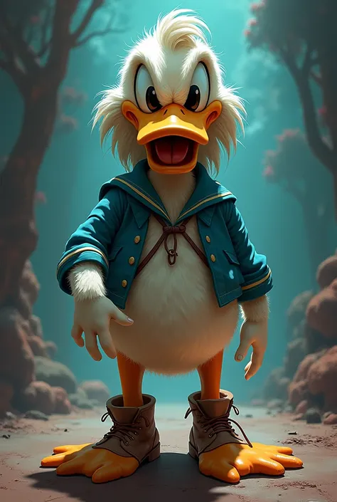 Generate Donald Duck, With an evil face and characterized as a hippie from the 70s, with boots and long hair, bottomless