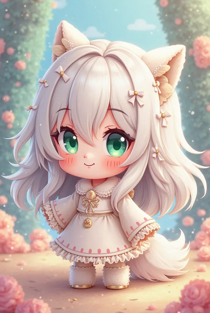 Chibi character  girl, long white hair, green eyes, fluffy clothes, kawaii gestures, highest image quality.