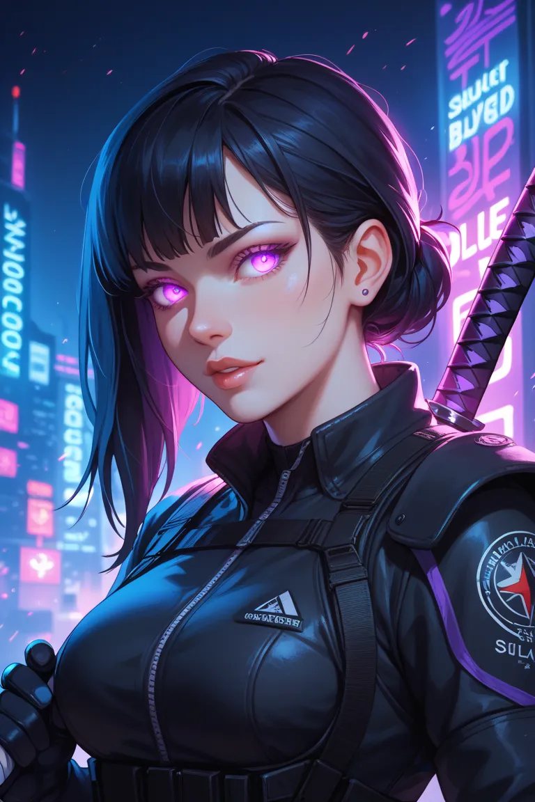 Illustrate a female protagonist in a sleek, black tactical suit, holding a katana in a dynamic pose. She has intense, glowing eyes and long flowing black hair. The background is a dark cityscape with neon purple lighting, adding a mysterious and futuristic...