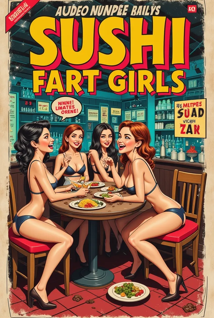 vintage 60s comic book, "SUSHI FART GIRLS", classic oriental asian style comic book font, stroke embossed border, torn cover, worn, collector's item, show price and publisher logo, super cute young office ladies at sushi bar, they have gas, can't stop fart...