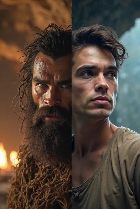 "A side-by-side split-screen comparison of a caveman and a modern human. On the left, a rugged, muscular caveman with a broad frame, prominent brow ridge, unkempt hair, and a thick beard, wearing animal hide. His expression is intense and primal, with a fo...