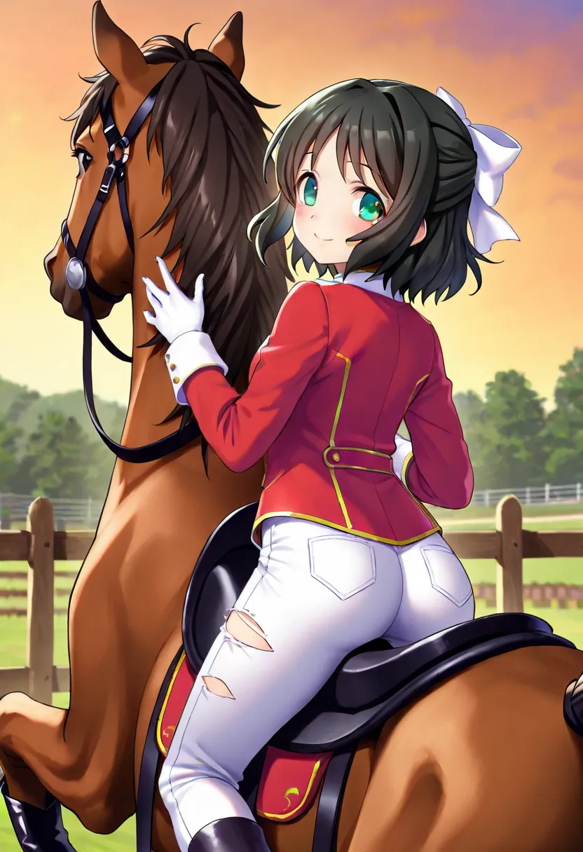 kohinata miku, 1girl, solo, looking at viewer, blush, smile, short hair, brown hair, black hair, gloves, green eyes, jacket, hair bow, outdoors, boots, looking back, black footwear, from behind, white pants, fence, horse, torn pants, horseback riding, sadd...