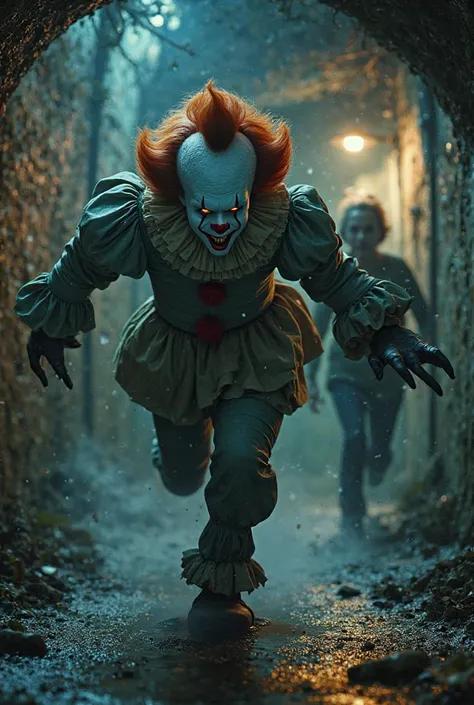 Generate a image in which Pennywise a dangerous clown is chasing a person for my youtube thumbnail 