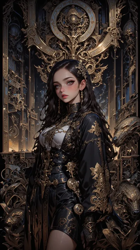 An amazing masterpiece of outstanding quality，Super Detail， 8k resolution。This illustration focuses on a girl with charming eyes and detailed eyelashes，She is in a complex and sexy background。