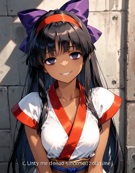 (​masterpiece, top-quality, hight resolution, Unity 8k, extremely details CG:1, Best Picture), 1girl, nakoruru, ((dark-skinned female)), purple ribbon, ((Dead eyes)), fake smile, First time meeting a woman promised on a dating website, on the street.