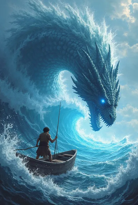 Brave young fisherman and sea dragon fight together against giant sea monsters. Powerful water swirls, and blue energy glows across the ocean.