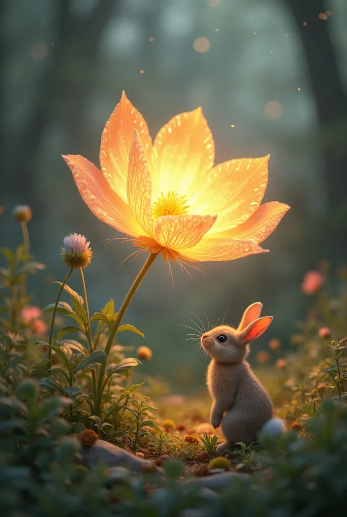 "A glowing magical flower in the middle of an enchanted clearing, soft golden light illuminating the small rabbit's amazed face."