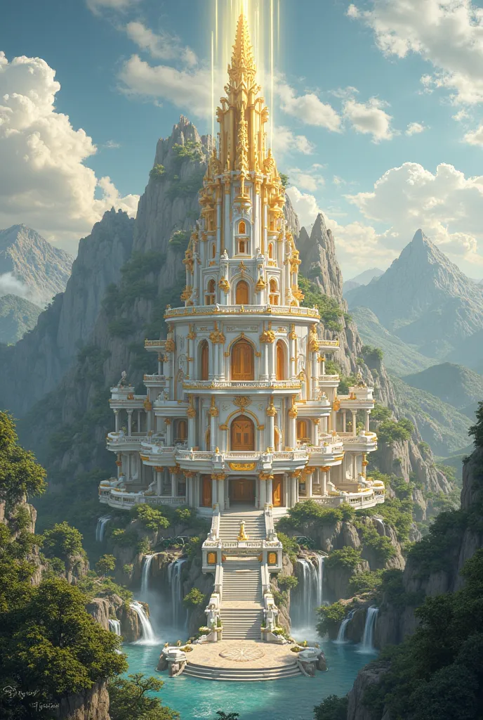 Help create the image of a magnificent golden white palace, with a symbolic tower in the form of the goddess of light, statues, the palace is located on a mountain, in a magnificent paradise. Lively, it is a very grand palace, a huge area with many palaces...