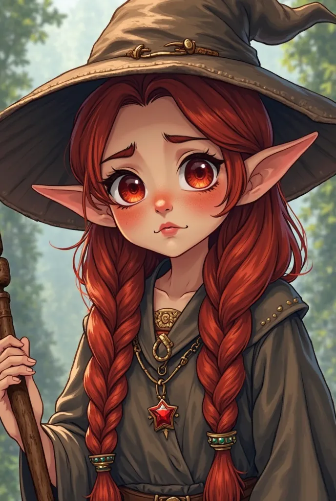 a wizard elf with red red hair traced in two large braids thrown forward with freckles on her face and red ruby eyes with a blushed face shy and embarrassed with a wizard's hat and a wooden staff and a small low structure with a semi-cartoon style plus RPG...