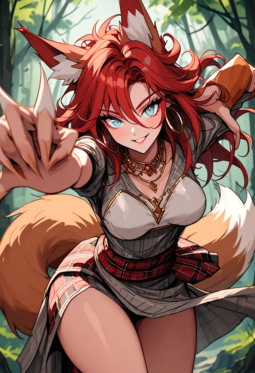 solo, female, close up, fox ears, reddish hair, light blue eyes, savage, monster girl, fox girl, makeshift worn clothes, ornaments, looking at viewer, dense forest, smile, beautiful, savage, curvy, action pose, dynamic, luxurious, jumping, curvy, cute, bri...