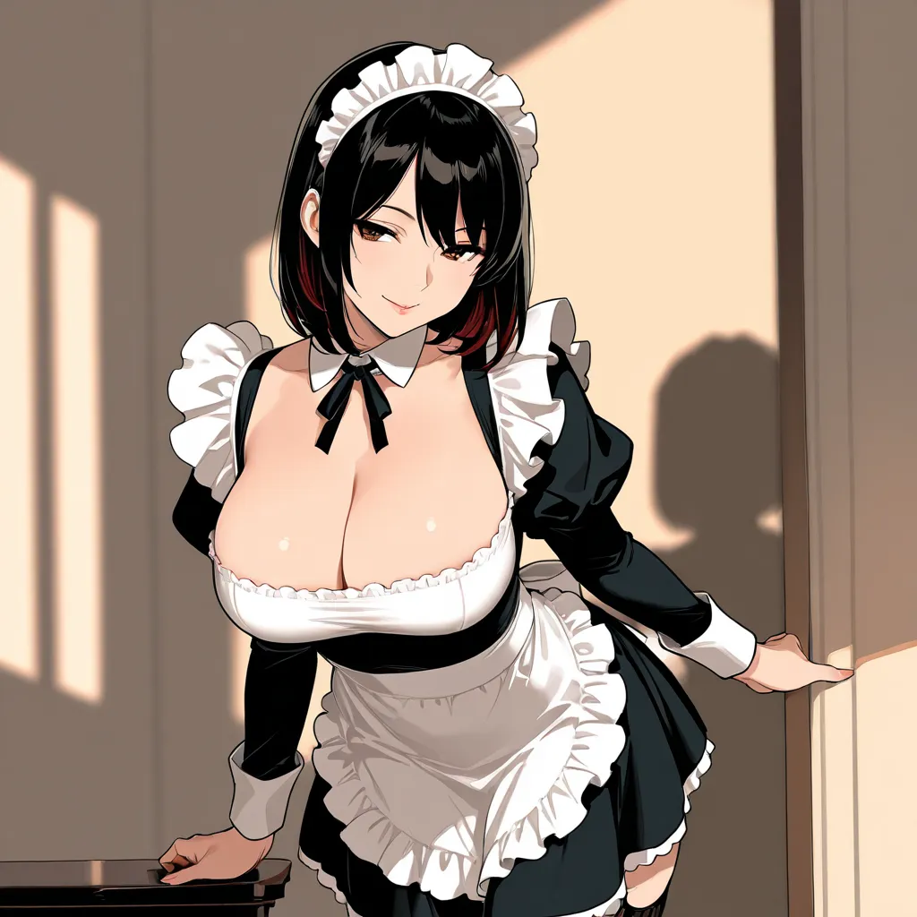 an anime milf, with big breasts and short black hair, with red tufts, wearing a maid costume and with a lascivious face