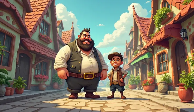 a wealthy merchant came looking for his lost pouch.  a merchant is standing with a man  in the smalll beautiful village in cartoon form