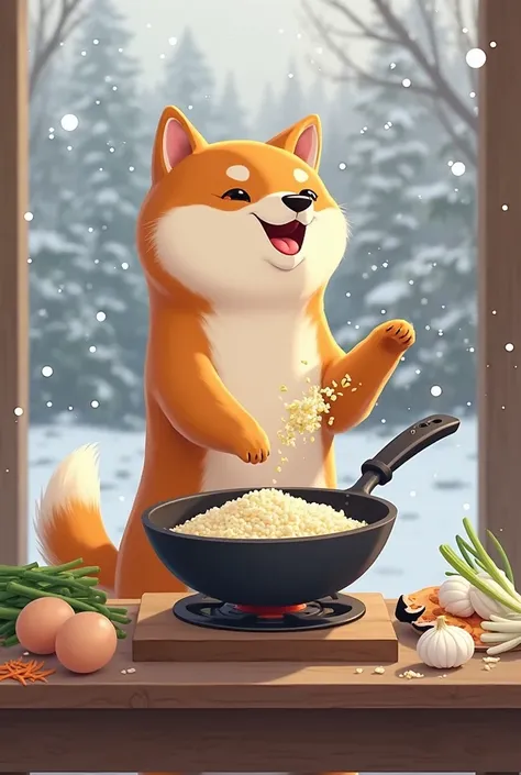 A Shiba Inu dog standing on its hind legs. The dog holds the frying pan handle firmly with both paws. The dog skillfully tossing fried rice in a black frying pan over a portable gas stove, which is placed on a sturdy wooden table. The Shiba Inu is smiling ...