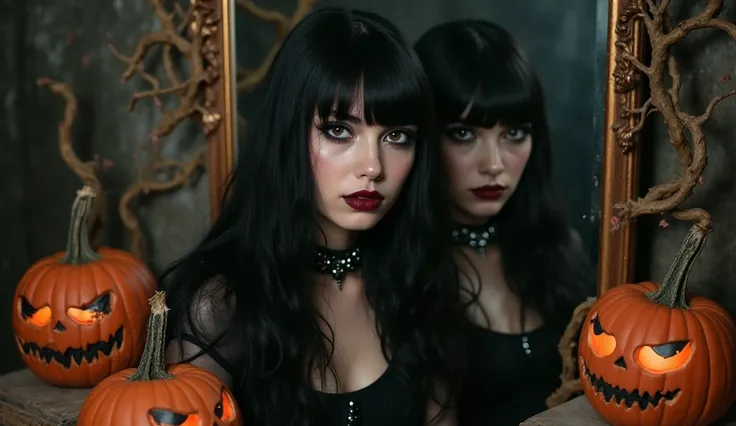 A close-up gothic portrait of a goth girl with long jet black hair and blunt bangs, sitting in front of an ornate, vintage mirror. She wears dark eyeliner, deep red lipstick, and a black choker. Her expression is serious but with a subtle, mysterious smile...