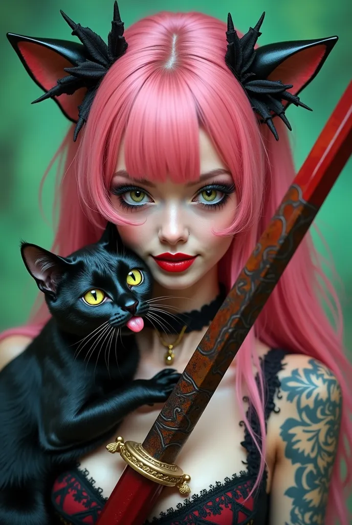 emerald green and red gradation spinning background、old cafe 、Femboy's long pink hair, One eye blinks、With an ecstatic look、green eyes。 Gothic Lolita costume with Sword of the Brave、tattoo hugging a black cat sticking out its tongue very detailed, textured...