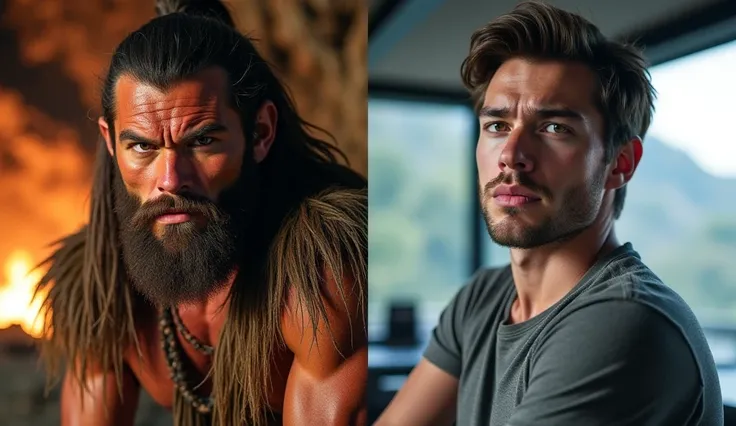 "A side-by-side split-screen comparison of a caveman and a modern human. On the left, a rugged, muscular caveman with a broad frame, prominent brow ridge, unkempt hair, and a thick beard, wearing animal hide. His expression is intense and primal, with a fo...