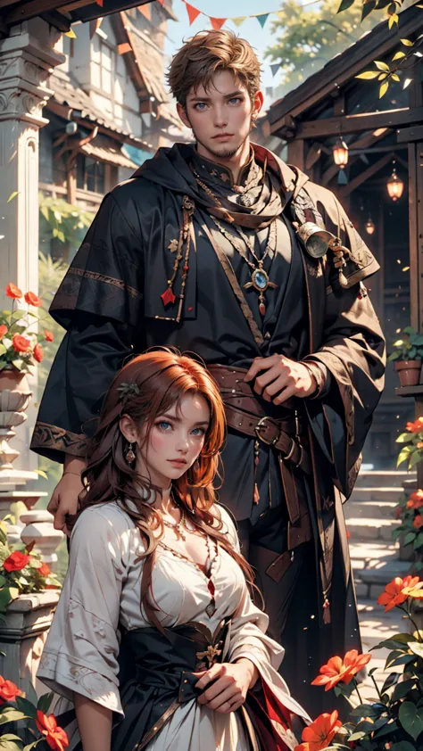 A light brown man and a red-haired woman in medieval costume pose for a painting,  like a medieval fantasy character , in a garden