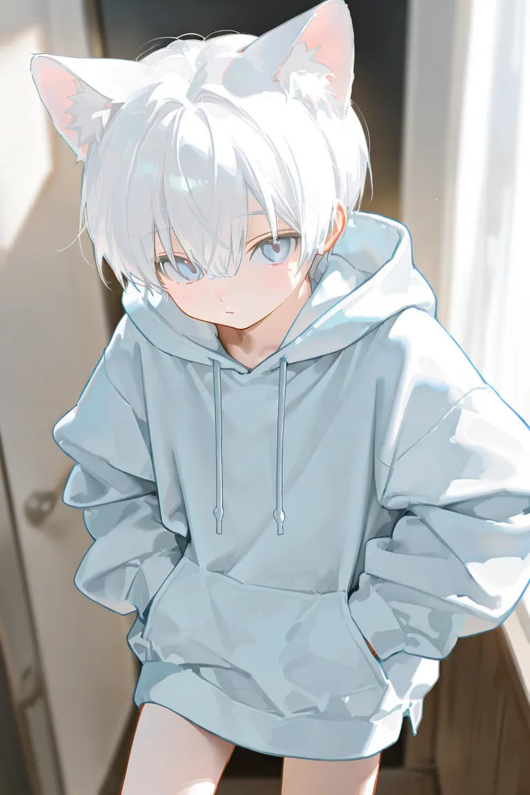 young  boy,cat boy,white hair,oversized hoodie