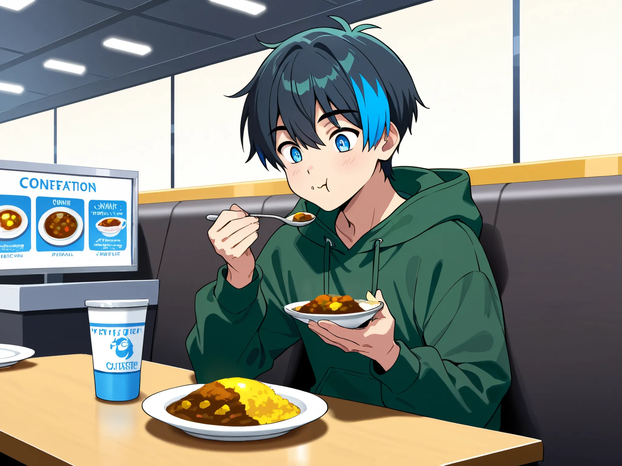 anime boy, black hair with electric blue highlights, blue eyes, dark green dinosaur hoodie, holding a spoon in one hand, plate of radioactive curry, eating, sitting at a table, convention center eatery