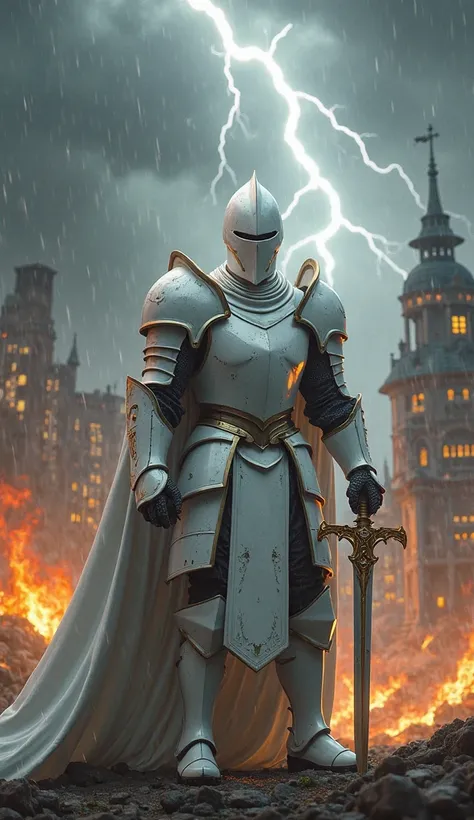 Knight wearing matte white armor with a sword with gold details the City in the background on fire with rain is lightning