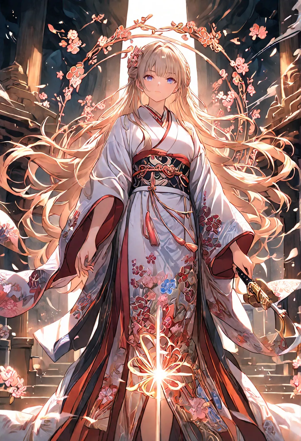 A skilled warrior, dressed in an elegant yet practical kimono, stands poised at the entrance of an ancient temple. The kimono, a beautiful fusion of traditional patterns and warrior craftsmanship, is adorned with intricate floral designs, each flower symbo...