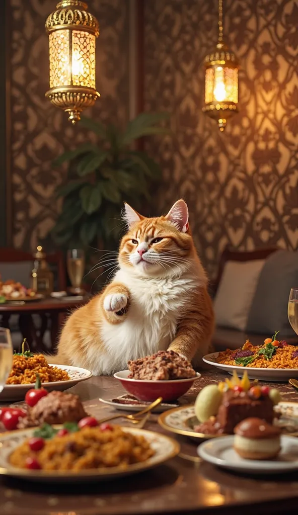 Prompt:
"A well-fed cat sits at a luxurious iftar table, indulging in a feast of rich and lavish foods. The table is filled with golden plates of biryani, roasted lamb, grilled fish, fresh fruits, creamy desserts, and a variety of drinks. The cat’s belly i...