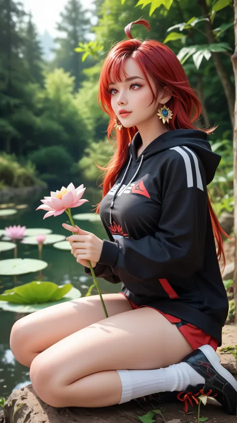 masterpiece, best quality, newest, absurdres, highres, 1girl, mavkRnd, symbol-shaped pupils, red eyes, large breasts, red hair, long hair, ahoge, black hoodie, shorts, outdoors, sitting, forest, lotus position, indian style, shoes, socks, holding flower,