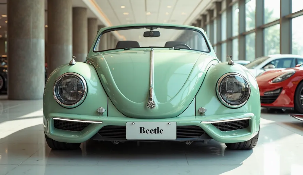 "A realistic, high-quality image of a modern sports car seen front bumper, resembling a 1955 Volkswagen Beetle Convertible. The car is soft green with glossy paint and a sleek, aerodynamic design. It has four large, round exhaust pipes and a wide, continuo...